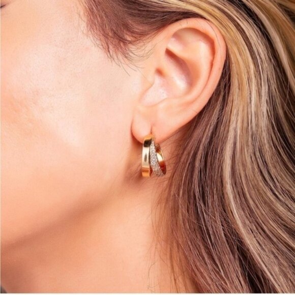 Jewelry - GOLD 18k Gold Plated Double Cuff Cubic Zirconia Earrings